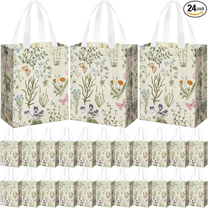 Supervitae 24 Pack Wildflower Theme Gift Bags Medium Goodie Floral Party Favor Bags Vintage Reusable Totes Non Woven Totes for Wedding Birthday Baby Shower Family Holiday Travel(9.8" x 7.9" x 3.9")