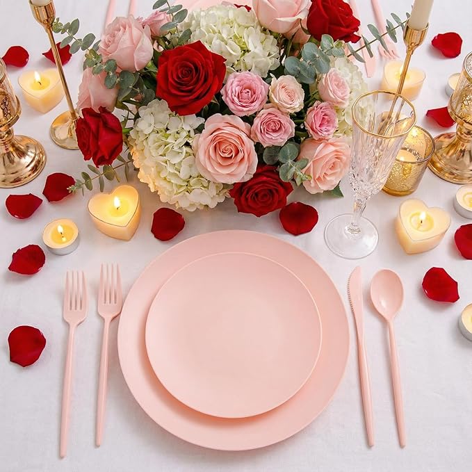 EI 150pcs Pink Plastic Plates Pink Disposable Heavy Duty Plastic Plates for Party Dinnerware Set Pink Plastic Silverware for Party Wedding Afternoon Tea,Spring,Mother's Day,Valentine's Day,Easter