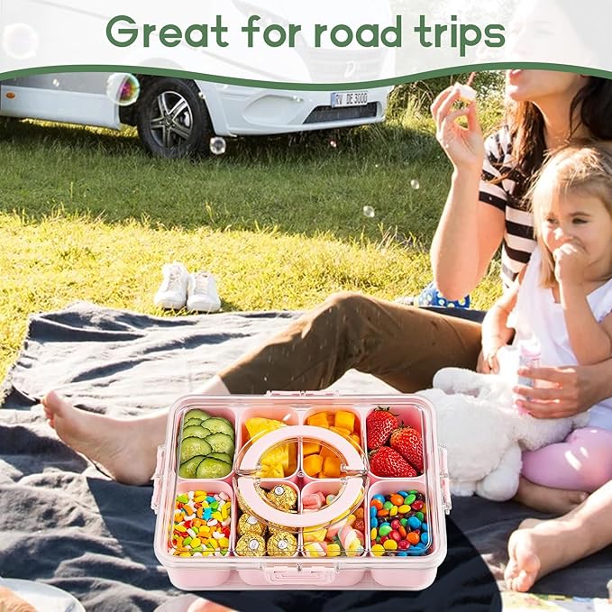 Snackle Box Container, Divided Serving Tray with Lid and Handl 8 Compartments Snacks Box,Candy Snack Fruit and Veggie Tray, Suitable for Picnics Trips Parties and Holidays