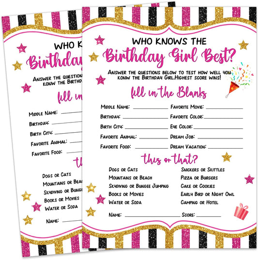 20 Pieces Who Knows The Birthday Girl Best Game Cards - Birthday Party Activity Game Card Set Girly Themed Party Activity and Idea - for Child or Teen - Girl Birthday Supplies, Activity, Decorations