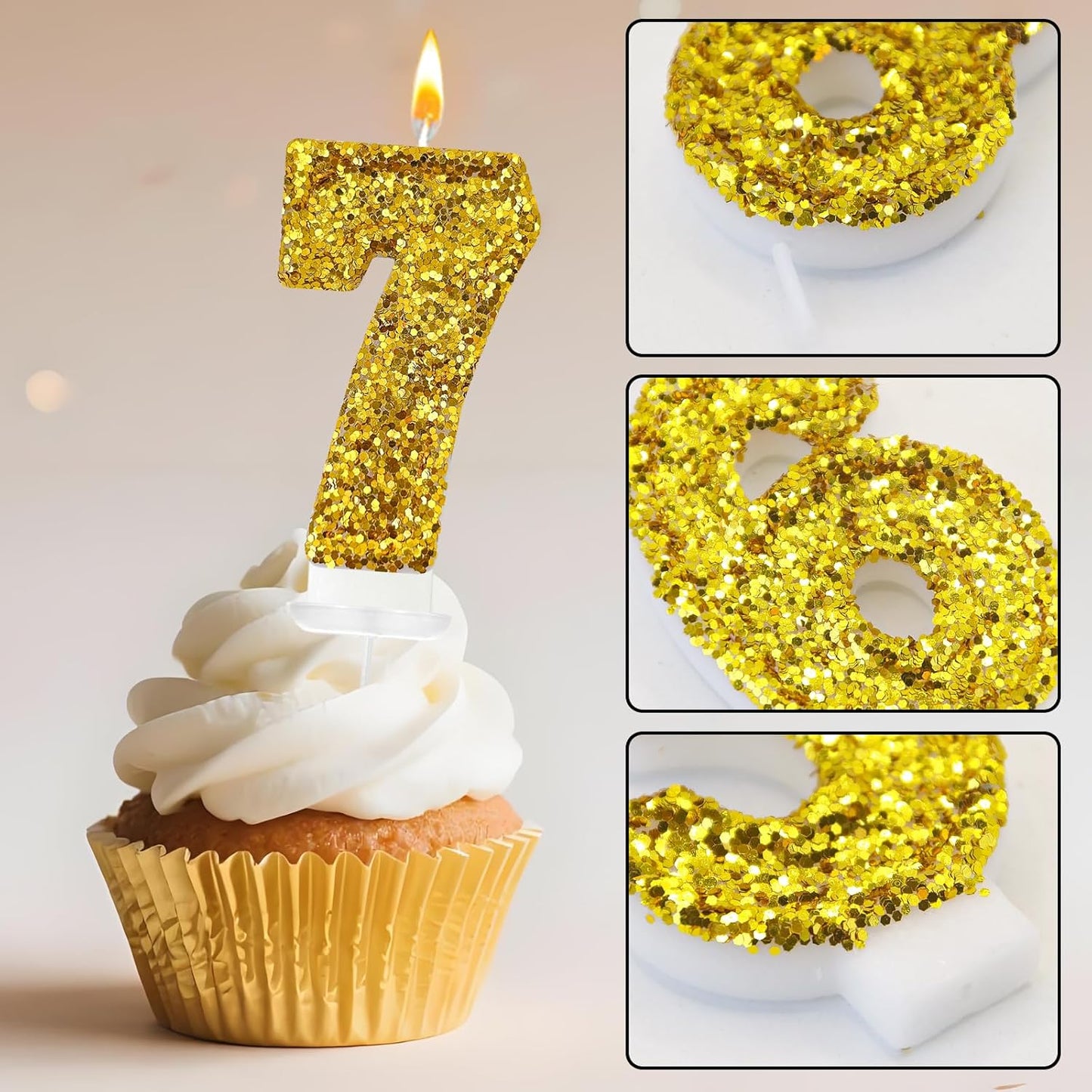 Birthday Number Candles, Glitter Number Candle Cake Decorations with Sequins, Cupcake Decorations for Girls, Women, Party Anniversary Celebrations (Number 7, Golden)