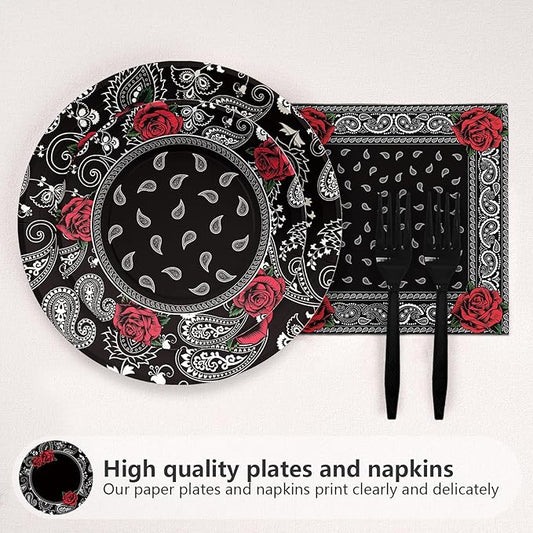 96PCS Black Bandana Western Party Decorations Cholo Gangsta Party Plates Disposable Black Bandana Tableware Set for Early 2000s Cholo Theme Western Birthday Party Supplies, Serves 24