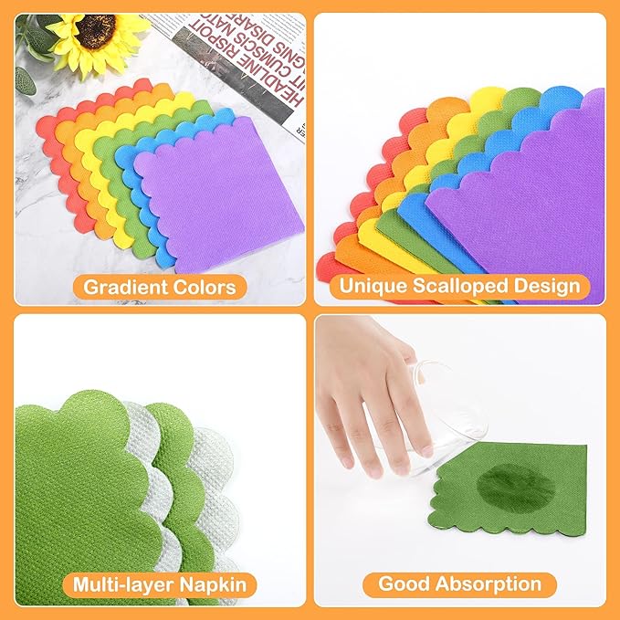 durony 150 Pack Scalloped Napkins 5 x 5 Inch Disposable Paper Napkins Gradient Color Napkins with Scalloped Edges for Dinner Wedding Birthday Party Supplies, Bright Rainbow