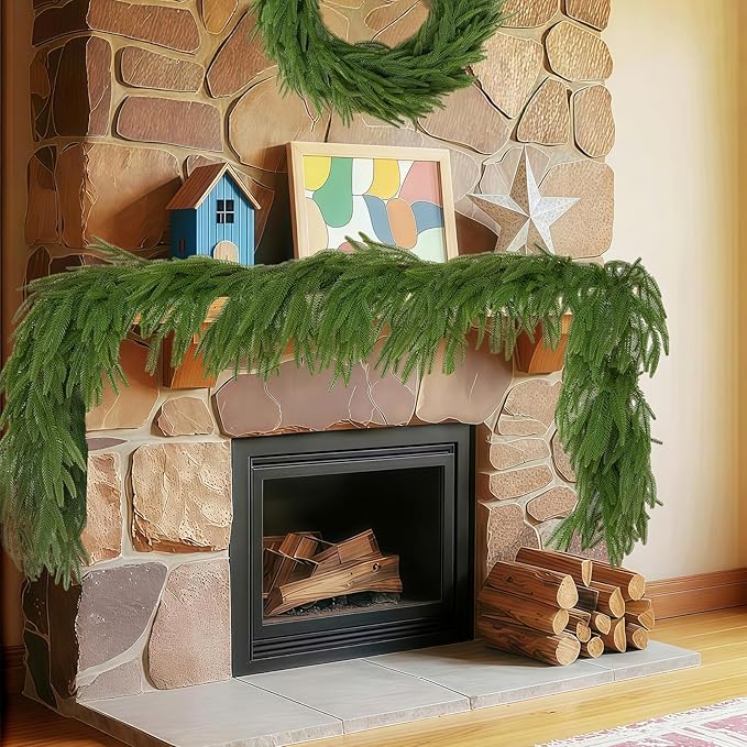 2 Pcs 6FT Christmas Garland, Christmas Decorations, Artificial Norfolk Pine Garland, Faux Greenery Garland for Mantle Fireplace Table Door Wall Upstairs Indoor Outdoor Holiday Xmas Decor