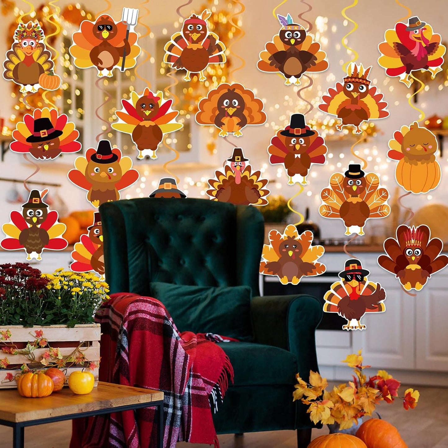 40Pcs Thanksgiving Turkey Hanging Swirl Decorations, Cute Turkey Ceiling Hanging Swirls Streamers for Thanksgiving Party Decor
