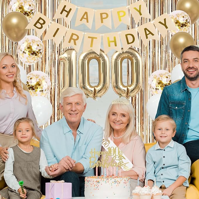 Trgowaul 100th Birthday Decorations for Women, Banner, Sash and Crown, Cake Topper, 100 Number Balloon, Fringe Curtains, Champagne Gold 100th Birthday Party Supplies