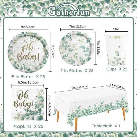 Sage Greenery Baby Shower Party Supplies Disposable Paper Plates Napkins Cups and Tablecloth for Boho Greency Party Decorations, Serve 25.