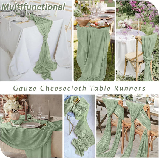 2Pack Sage Green Table Runner 10FT Cheesecloth Table Runner 35x120Inch Long Boho Gauze Cheese Cloth Table Runners Rustic Sheer Table Runners for Wedding Baby Shower Bridal Shower Decor