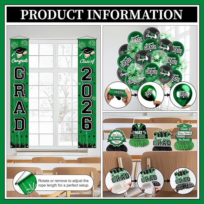 Graduation Decorations Class of 2026 Green Graduation Party Decor Set include Congrats Grad Banner Backdrop Class of 2026 Balloons Party Supplies