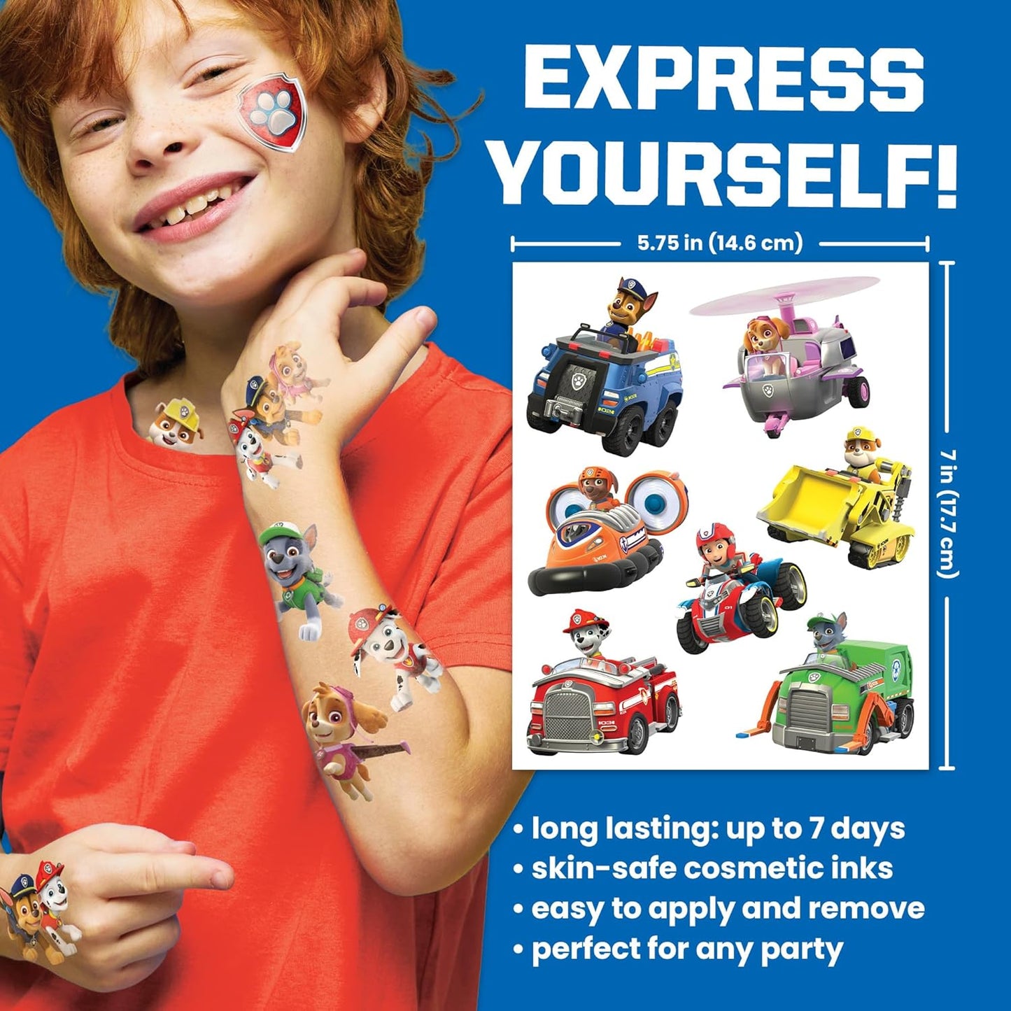 Paw Patrol Temporary Tattoos for Kids (50 pack). Made in the USA w Certified Safe Ink. Birthday Party Supplies and Party Favors Kit. Bulk Temporary Tattoos Stickers Set for Girls and Boys.