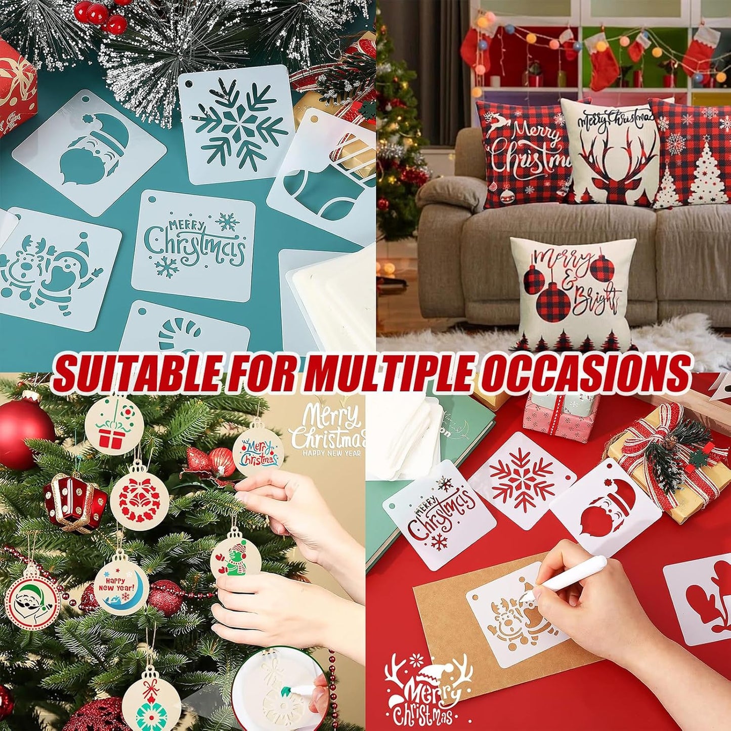 16 Pcs 5.1 x 5.1 Inch Christmas Stencils Set for Painting on Wood,Wall Door Home Decor, Reusable Adults & Kids Christmas Tree DIY Crafts Decorations Kit