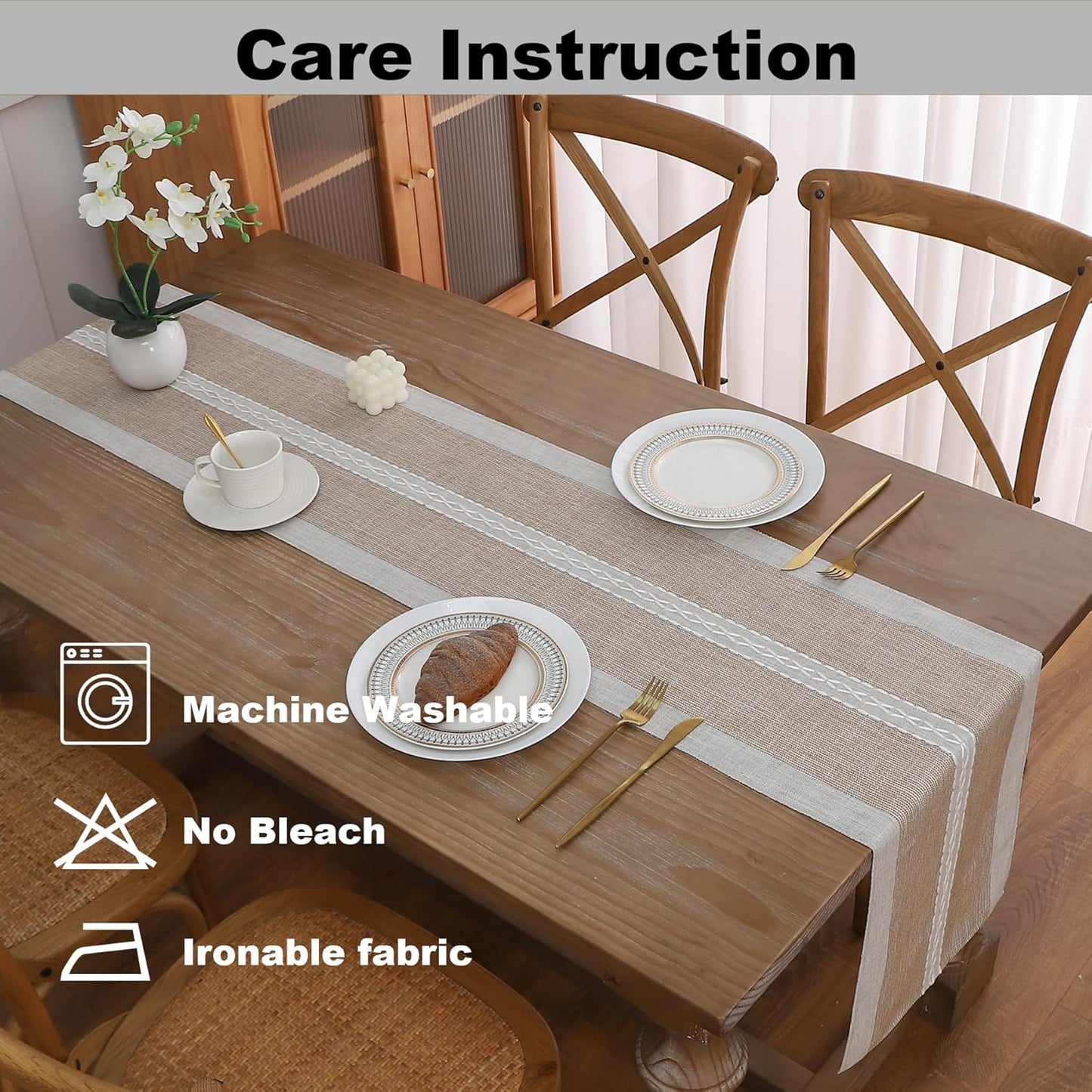 Gernaice Boho Table Runner, Rustic Cotton Linen Farmhouse Table Runners for Dresser End Coffee Table Home Decor, 24" L X 13" W Brown