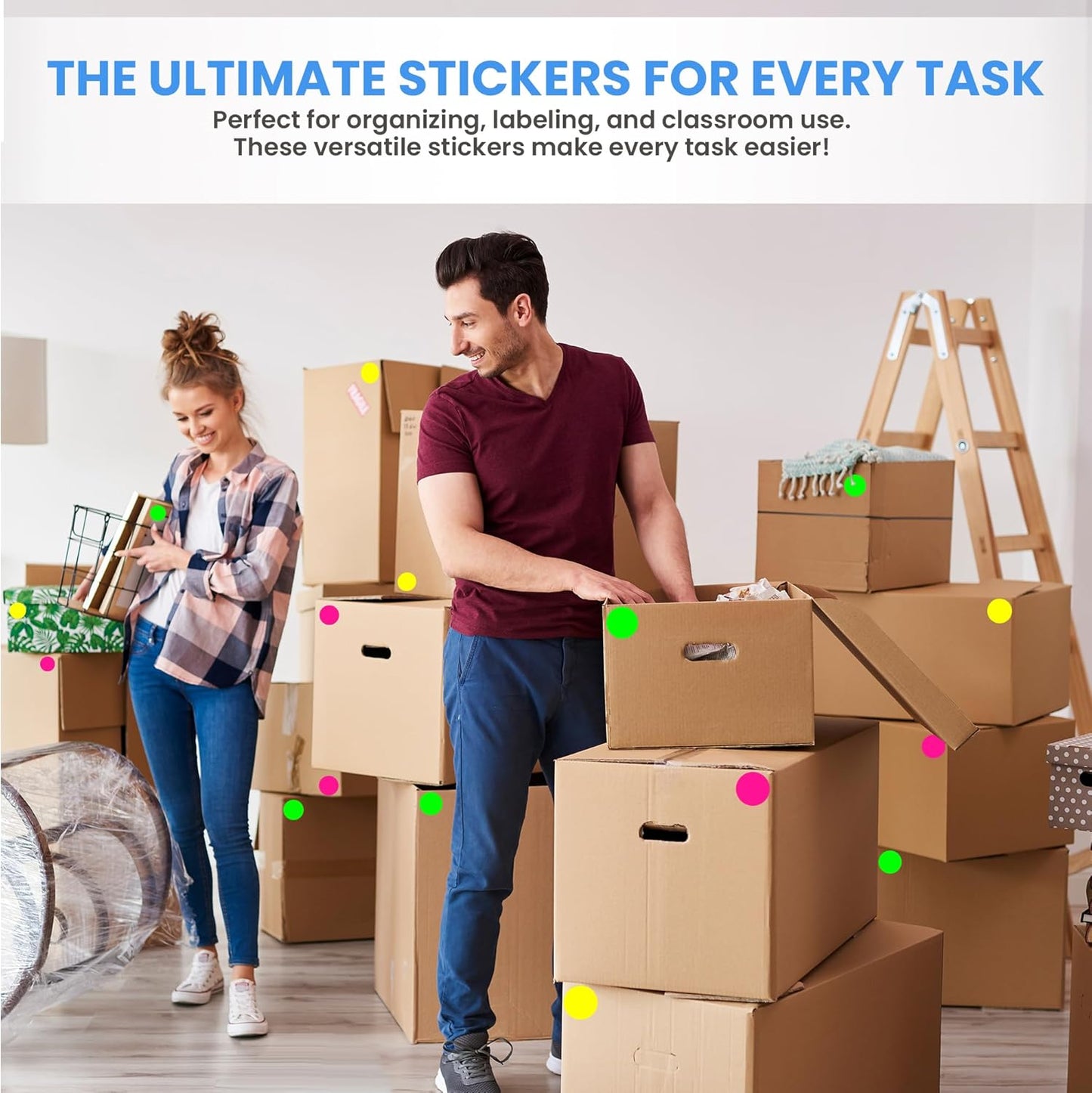 Perco 2-Inch Perforated Circle Dot Sticker Labels—3 Rolls, 1,500 Round Fluorescent Stickers (1 Green, 1 Yellow, 1 Pink)—with Permanent Adhesive for Organizing, Color Coding, Bin Labeling—Made in USA