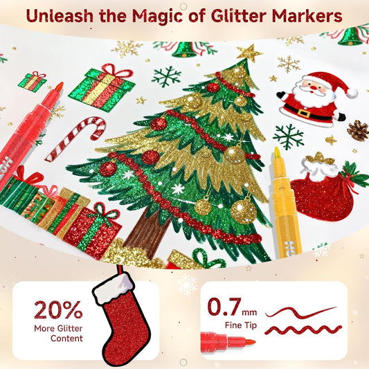 12 Glitter Markers Pens, Metallic Shimmer Markers for Rock, Glass, Wood, Fabric, Halloween and Christmas Decoration, Sparkly and Shiny Glitter Paint Pens with Fine Tip 0.7 mm