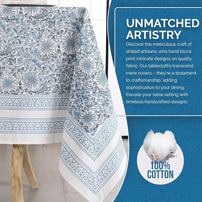 Labhanshi Indian Handblock Print Table Cloth|Cotton Floral 60x90 Inch Rectangle 6-Seater Patio Table Cover for Event, Wedding, Banquet & Parties|Washable Spring Easter Home Decor|Blue Butterfly