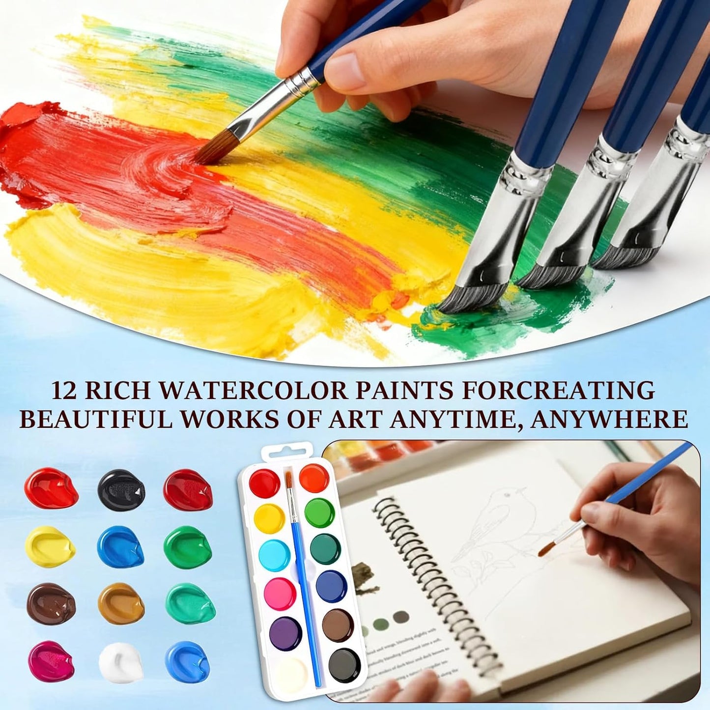 Hugsgarden Watercolor Workbook,Beginner Friendly Watercolor Workbooks, Water Coloring Book Step-by-Step Painting Practice Book with 12 Color Watercolors Paint Set for Adults