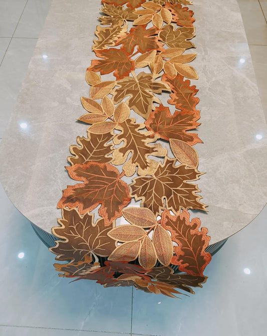 Fall Leaf Embroidered Table Runner 54 Inches for Thanksgiving and Autumn Harvest Decoration (16''x54'', Coffee Colored Maple Leaves)