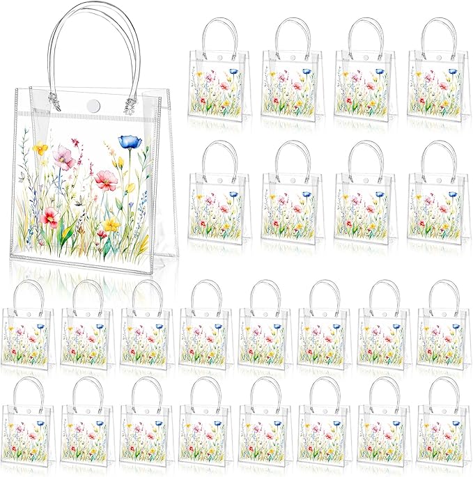 Tioncy 24 Pcs Wildflower Clear PVC Gift Bags Wildflower Baby in Bloom Baby Shower Party Favor Bags with Handles Candy Treat Basket for Wedding Birthday Baby Party Supplies