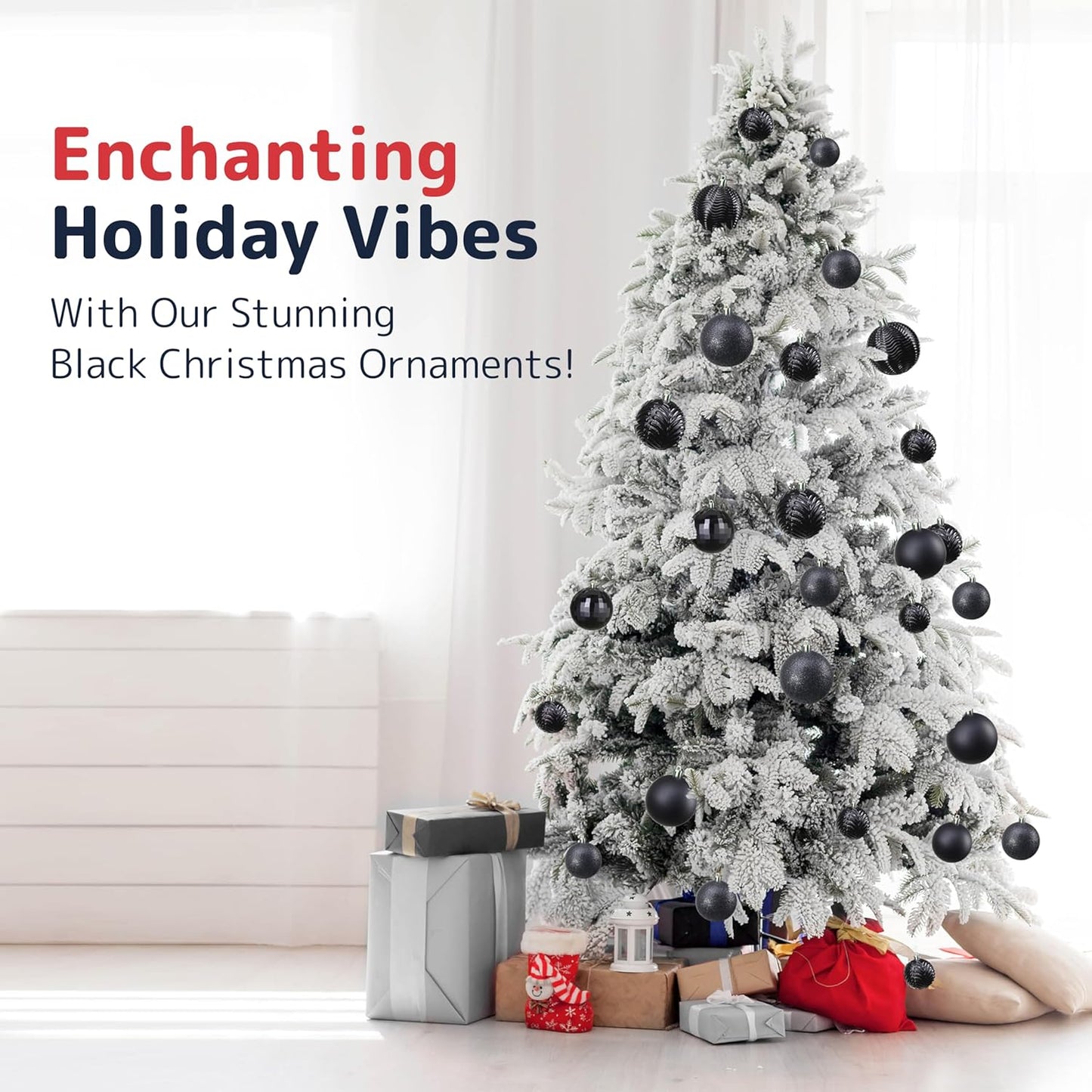 PREXTEX 36-Piece Black Christmas Ornaments - Shatterproof Tree Balls in 6 Styles and 3 Sizes with Hanging Loops to Decorate Black Christmas Tree - Ideal for Indoor and Outdoor Holiday Decor