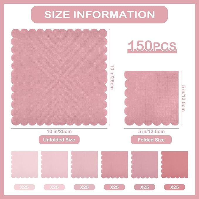 durony 150 Pack Scalloped Napkins 5 x 5 Inch Disposable Paper Napkins Gradient Color Napkins with Scalloped Edges for Dinner Wedding Birthday Party Supplies, Dusty Pink