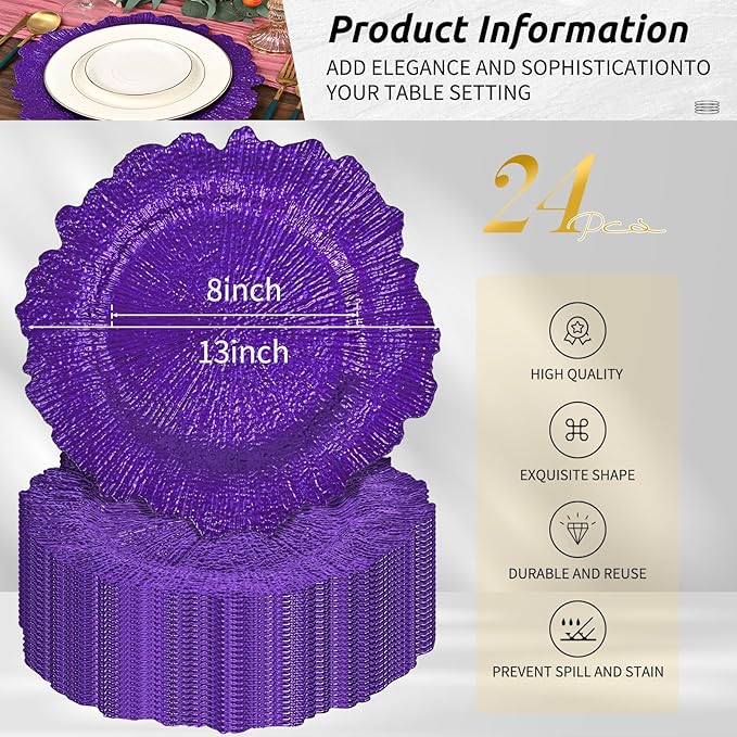 Pesonlook 24Pcs Purple Charger Plates Round 13inch, Reef Plate Chargers for Dinner, Bulk Plastic Floral Table Plates for Dinner Wedding Party Event Table Setting Decoration(Purple)