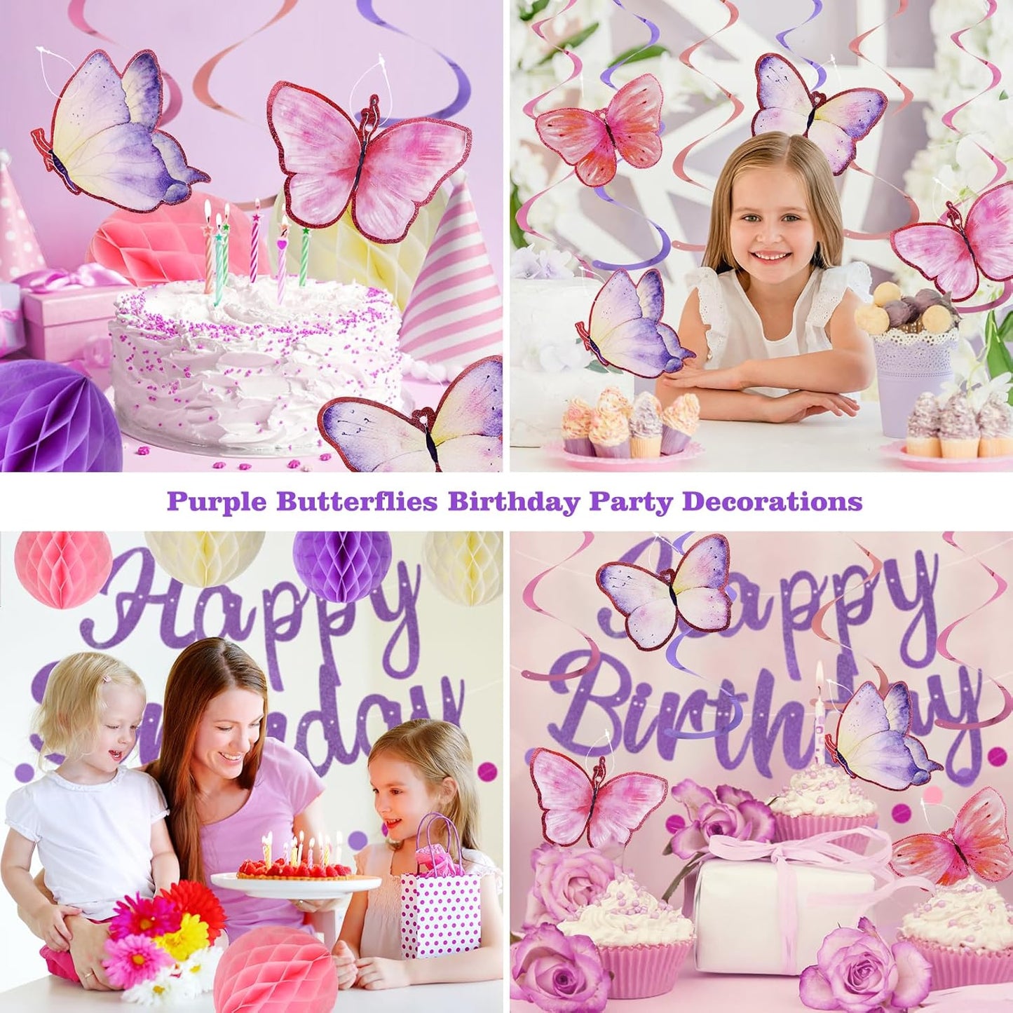 Birthday Decorations, NO DIY, Pre-Strung Happy Birthday Banner with Honeycomb Balls, Hanging Swirls, Circle Dots Garland, Happy Birthday Party Decorations for Women Men Boys Girls (Purple)