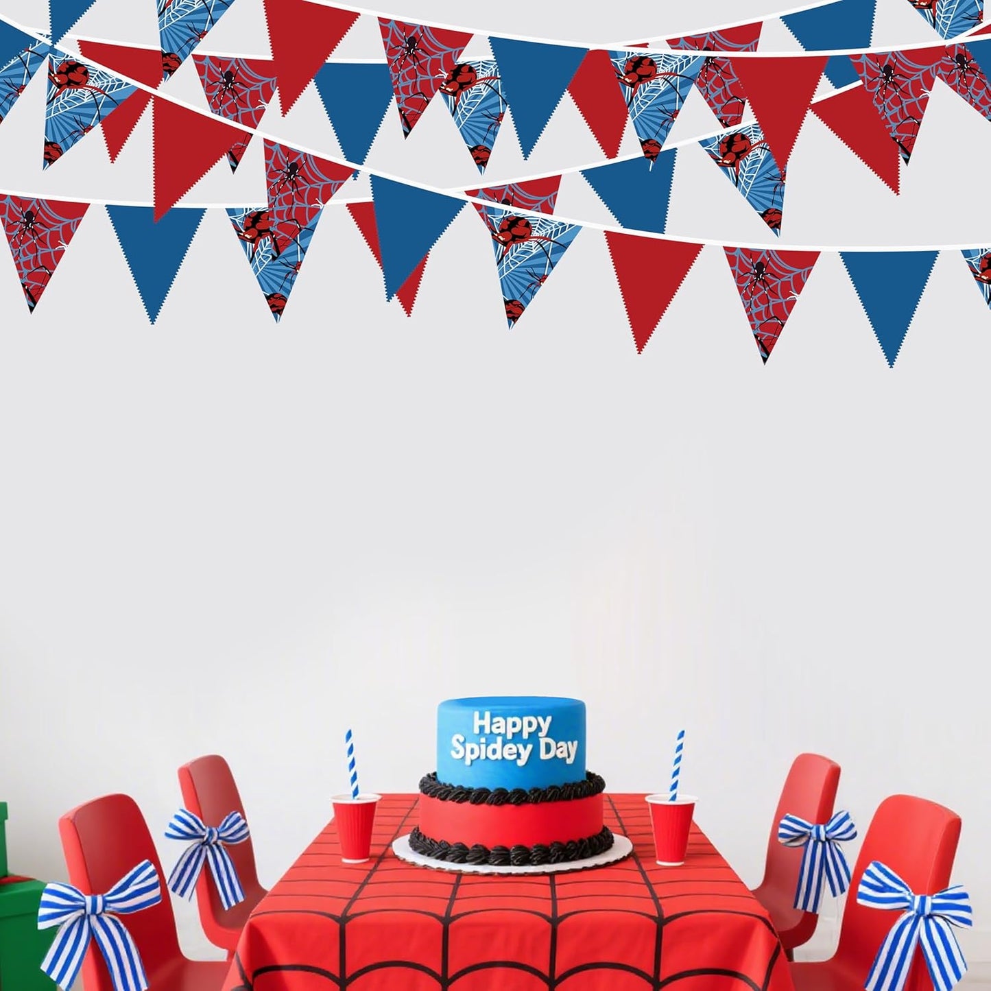 32Ft Spider Party Decorations Red Blue Spider Web Triangle Flag Pennant Banner Fabric Garland Streamer for Kids Boys Cartoon Super Heros Movie Birthday Superhero Baby Shower Party Decor Supplies