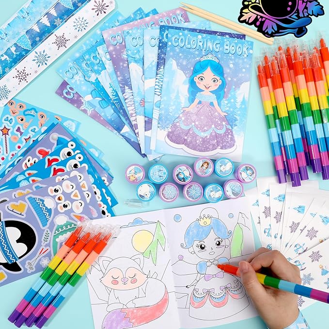 BenLouis 384pcs Frozen Party Favors Set for Kids Winter Snowflake Coloring Book Christmas School Classroom Gift Reward Prize Crafts Bulk for Students Frozen Birthday Goodie Bag Stuffers Supplies
