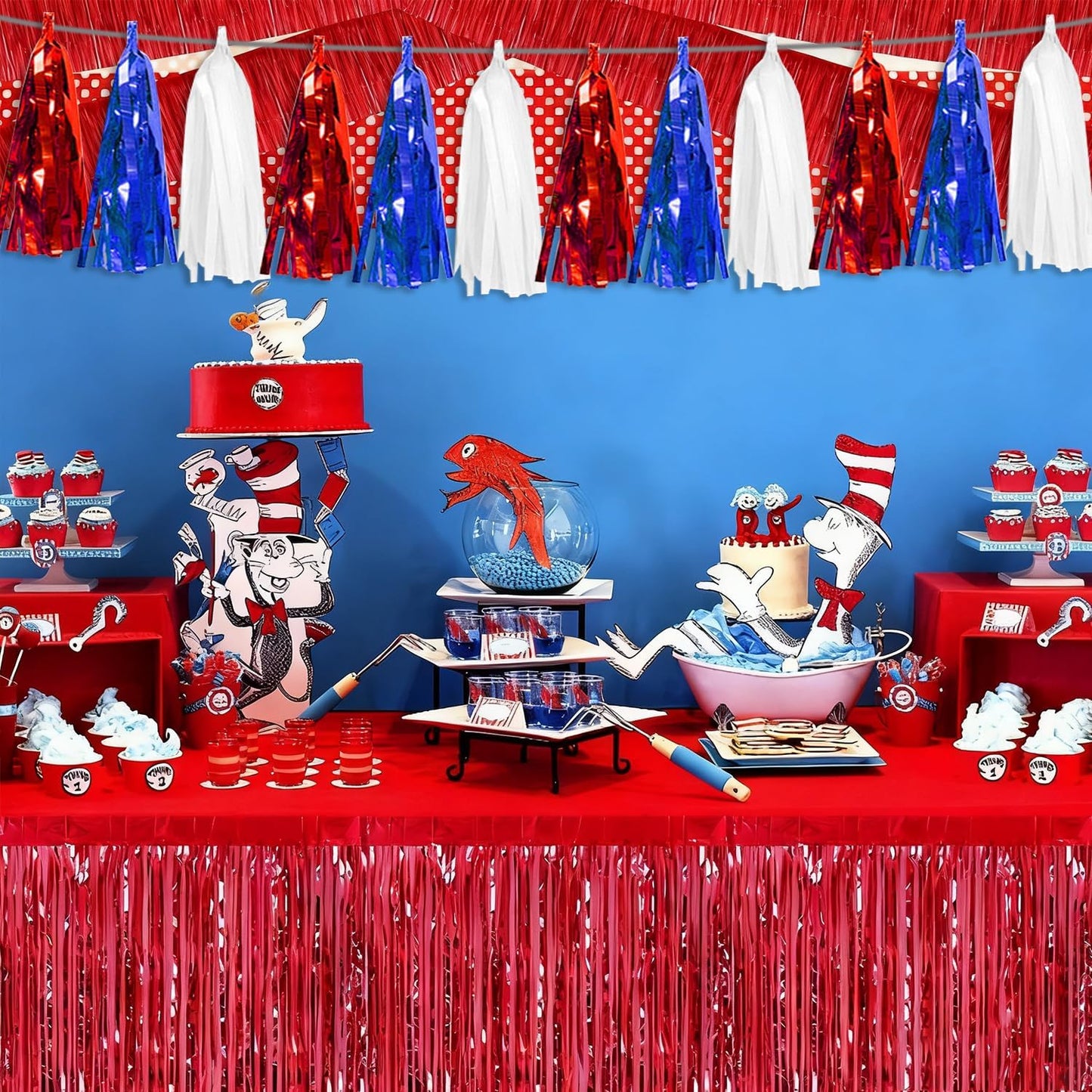 4P White Blue Red Tassel Banner Garland Metallic Foil Fringe Banner Tinsel Streamer Banner Backdrop for Parade Floats Graduation, Independence Day, 4th of july, Patriotic Themed Party Decoration