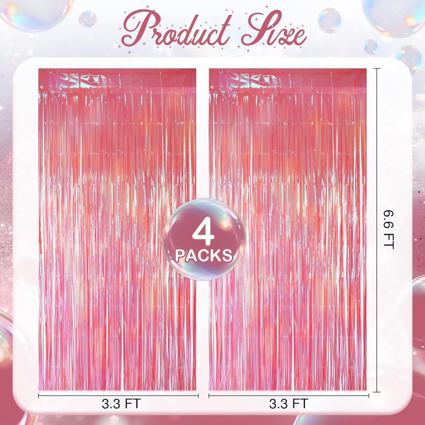 4 Pack Pink & Green Party Streamers Backdrop Curtains, 3.3x8.2ft Holographic Tinsel Foil Curtain Photo Booth Props for Birthday, Wedding, Holiday Celebration, Bachelorette, Theme Decorations