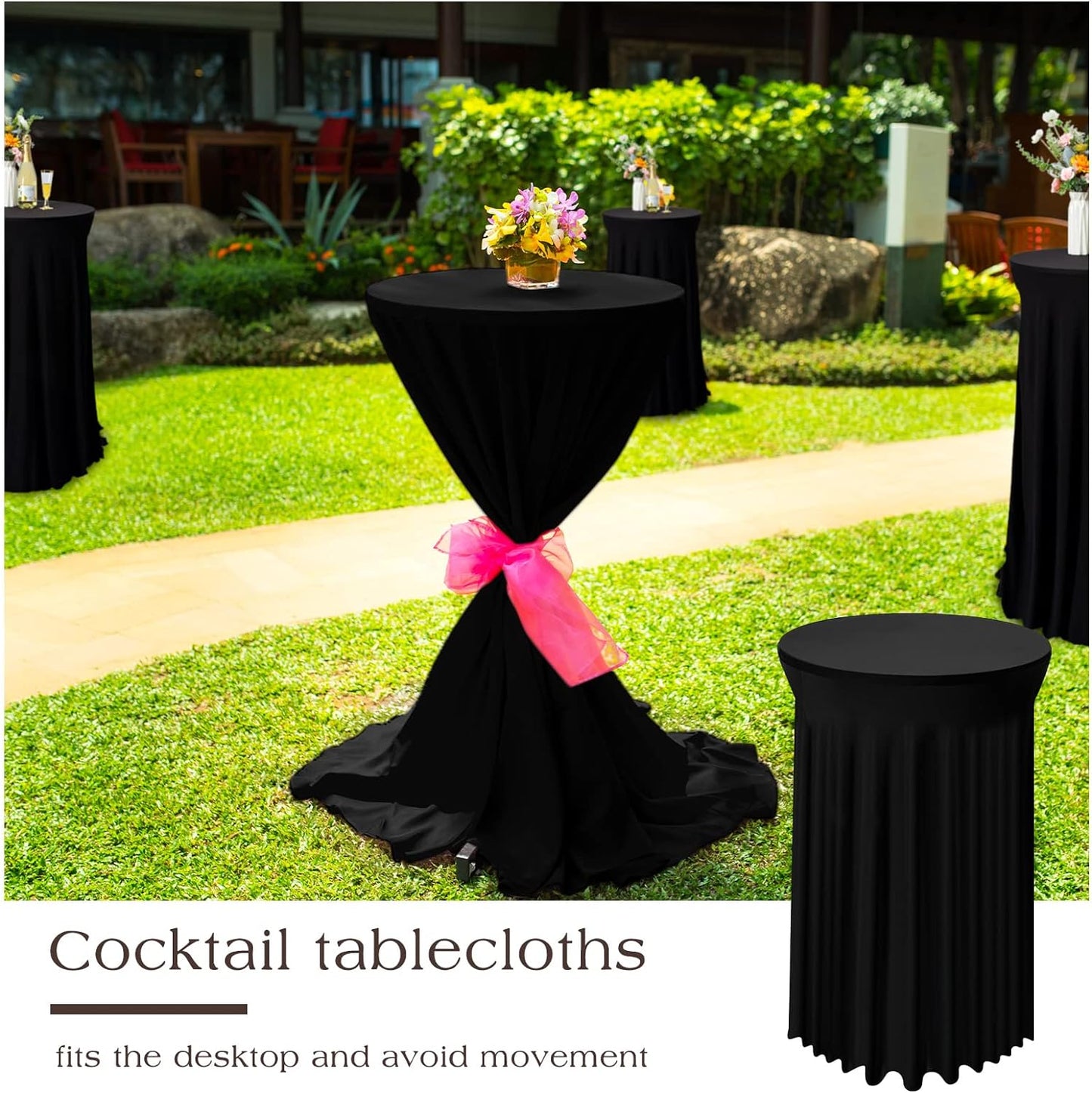 Tegeme 3 Packs 32 x 43 Inch Round Spandex Cocktail Tablecloths with Skirt Cocktail Round Table Cover Spandex Stretch Tablecloth for Fitted High Top Table Bar Wedding Party Banquet (Black)