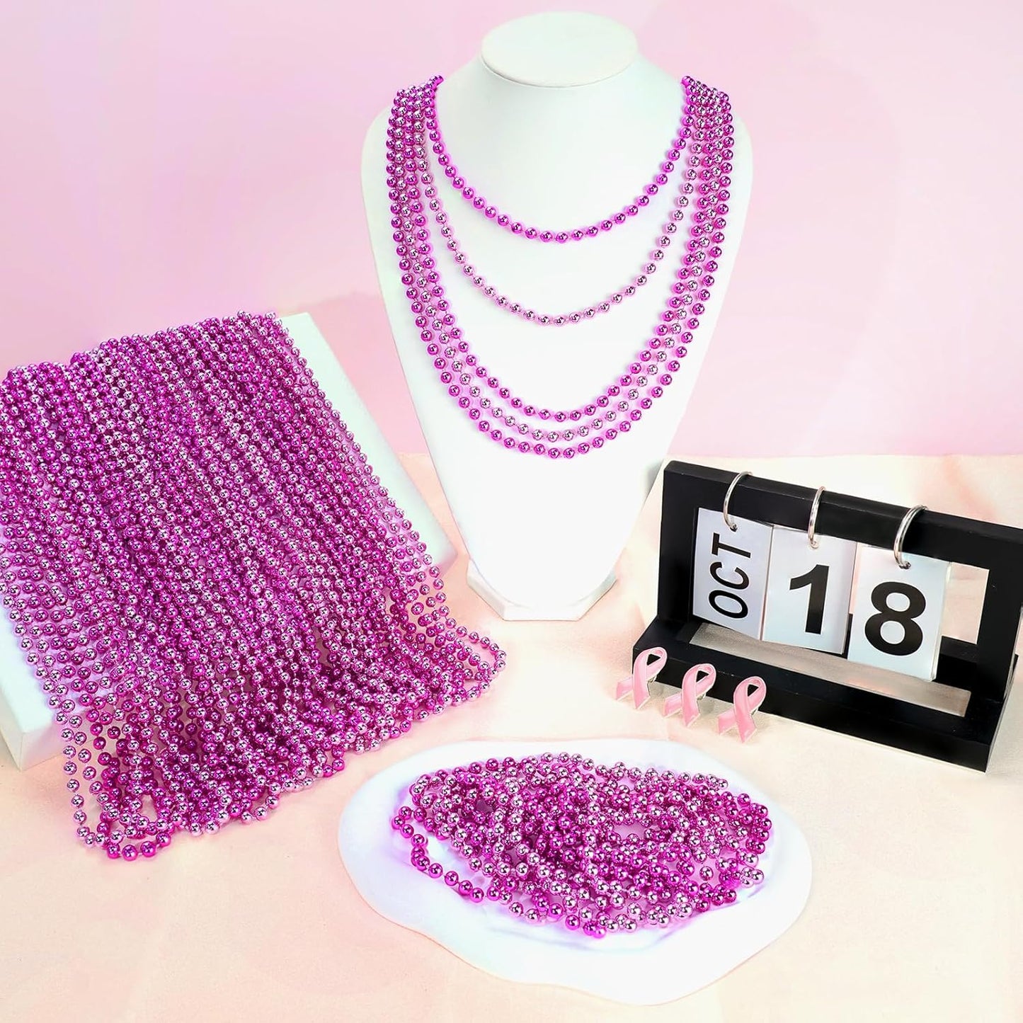 SHAOQINLIN 144 PCS Breast Cancer Awareness Necklaces, Hot Pink Bead Necklace, 33" Pink Mardi Gras Beads, Breast Cancer Awareness Accessories for Parade Supplies