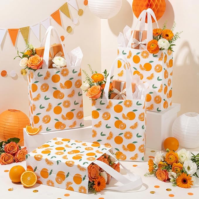 Supervitae 24 Pack Cutie Gift Bags Medium Goodie Orange Citrus Party Favor Bags Reusable Non Woven Totes for Fruit Birthday Wedding Baby Shower Party Family Holiday Travel(9.8" x 7.9" x 3.9")