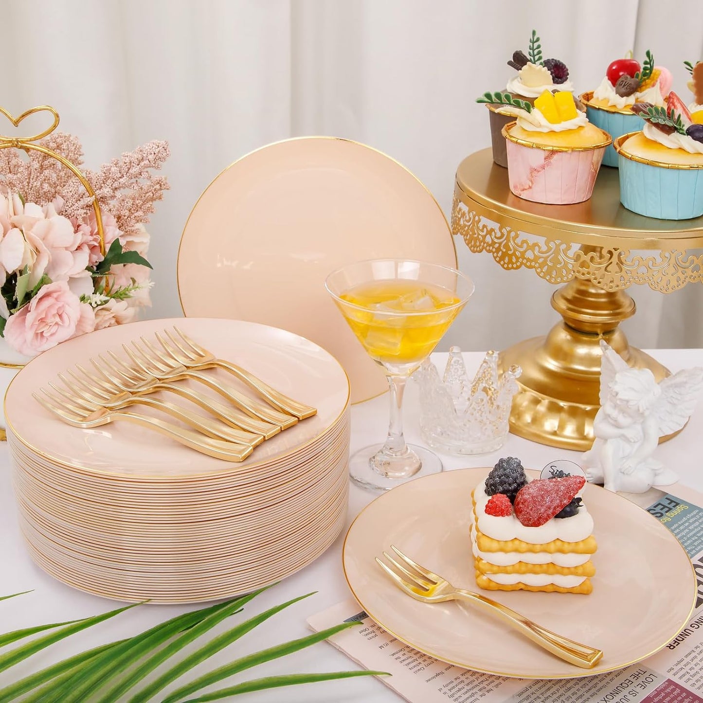 LIYH 200 Pcs Pink Gold Dessert Plates and Forks, Small Cake Plates 7.5 Inch, Party Plate and Forks 5 Inch for Bridal Shower, Birthday Tea Party