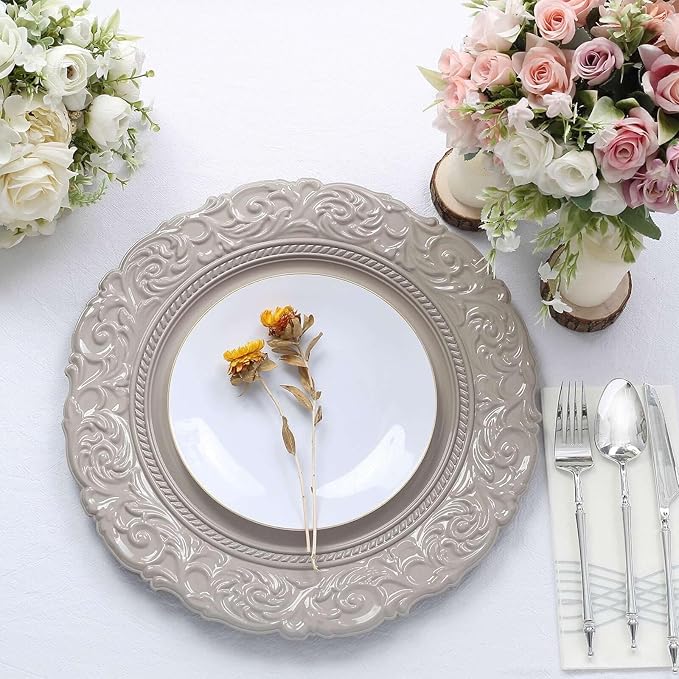 Efavormart Set of 6 | Taupe Green 14" Round Plastic Charger Plates With Engraved Baroque Design Rim For Wedding Party Events