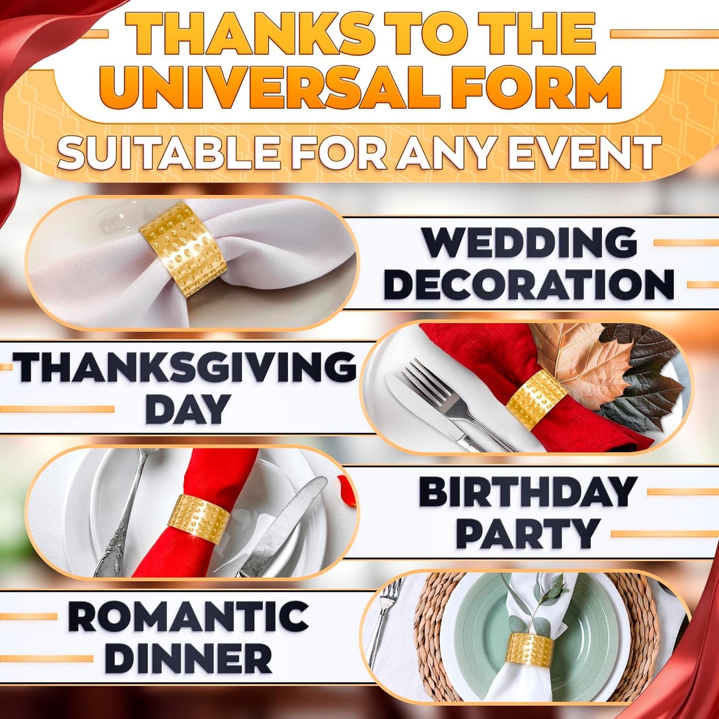 Thanksgiving Napkin Rings – Christmas Hammered Gold Napkin Rings Set of 8 – 1.8x1.1 Sturdy Metal for Weddings, Holiday Dinners & Formal Events, Elegant Christmas Table Decor for Hosts