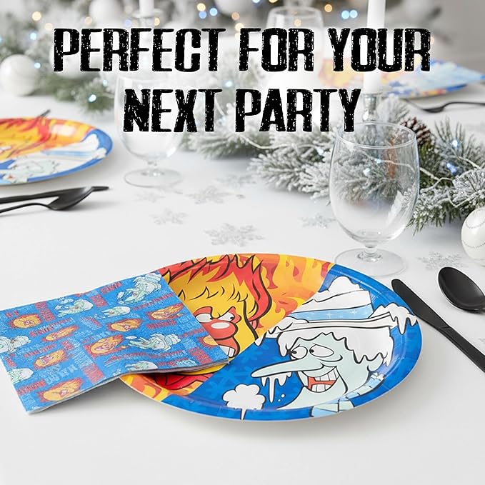 Silver Buffalo The Year Without a Santa Claus Heat Snow Miser Christmas 32 Pack Partyware Disposable Paper Plates and Napkins