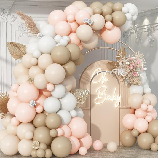 Neutral Balloons Arch Kit, Cream Peach Boho Balloons Garland with Double Stuffed Sand White Balloon and Light Pink Balloon for Baby Shower Birthday Wedding Bridal Shower Party Decorations