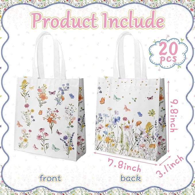 delaimastor 20pcs Wildflower Goodie Bags Floral Non Woven Tote Bags Reusable with Handles for Wedding Bridal Shower Bachelorette Birthday Tea Party 7.8x3.1x9.8 Inches