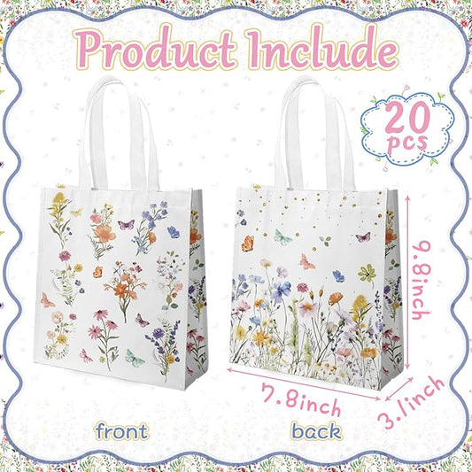 delaimastor 20pcs Wildflower Goodie Bags Floral Non Woven Tote Bags Reusable with Handles for Wedding Bridal Shower Bachelorette Birthday Tea Party 7.8x3.1x9.8 Inches