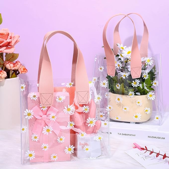 Whaline 12Pcs Daisy Clear PVC Gift Bags with Pink Handle Cute Flower Reusable Transparent Treat Bags for Mother's Day Baby Shower Wedding Birthday Bridesmaid Party Favor