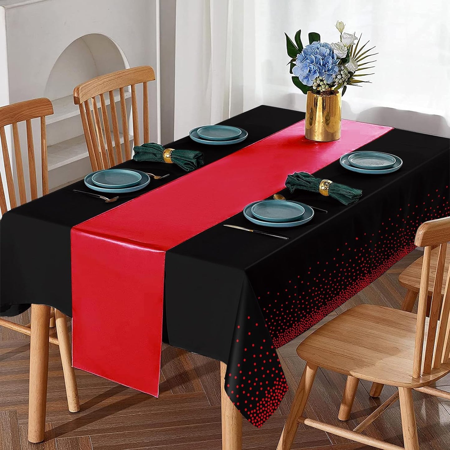 8Pack Disposable Plastic Party Tablecloths and Satin Table Runner Set Black and Red Dot Table Cloth Red Satin Table Runner for Wedding Birthday Baby Shower Anniversary Holiday Party Decorations