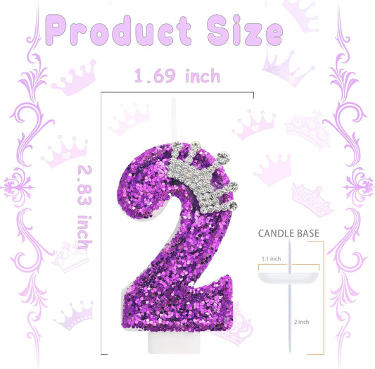 Birthday Candle for Cake, Crown Purple Number Candles, 2.76 inch Cake Topper Decoration for Birthday Party (Number 2)