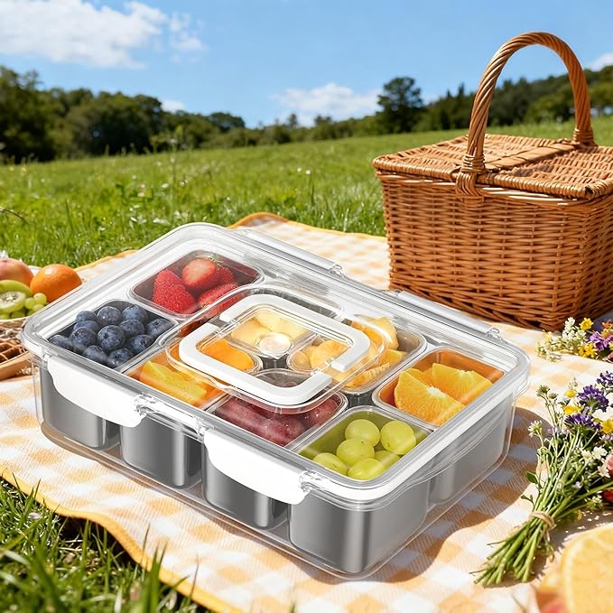 Snackle Box Container, 304 Stainless Steel Divided Serving Tray with Lid & Handle, Portable 8-Compartment Snack Organizer Box for Fruits, Veggies,Nuts & Candy,Dishwasher Safe for Travel,Picnic & Beach