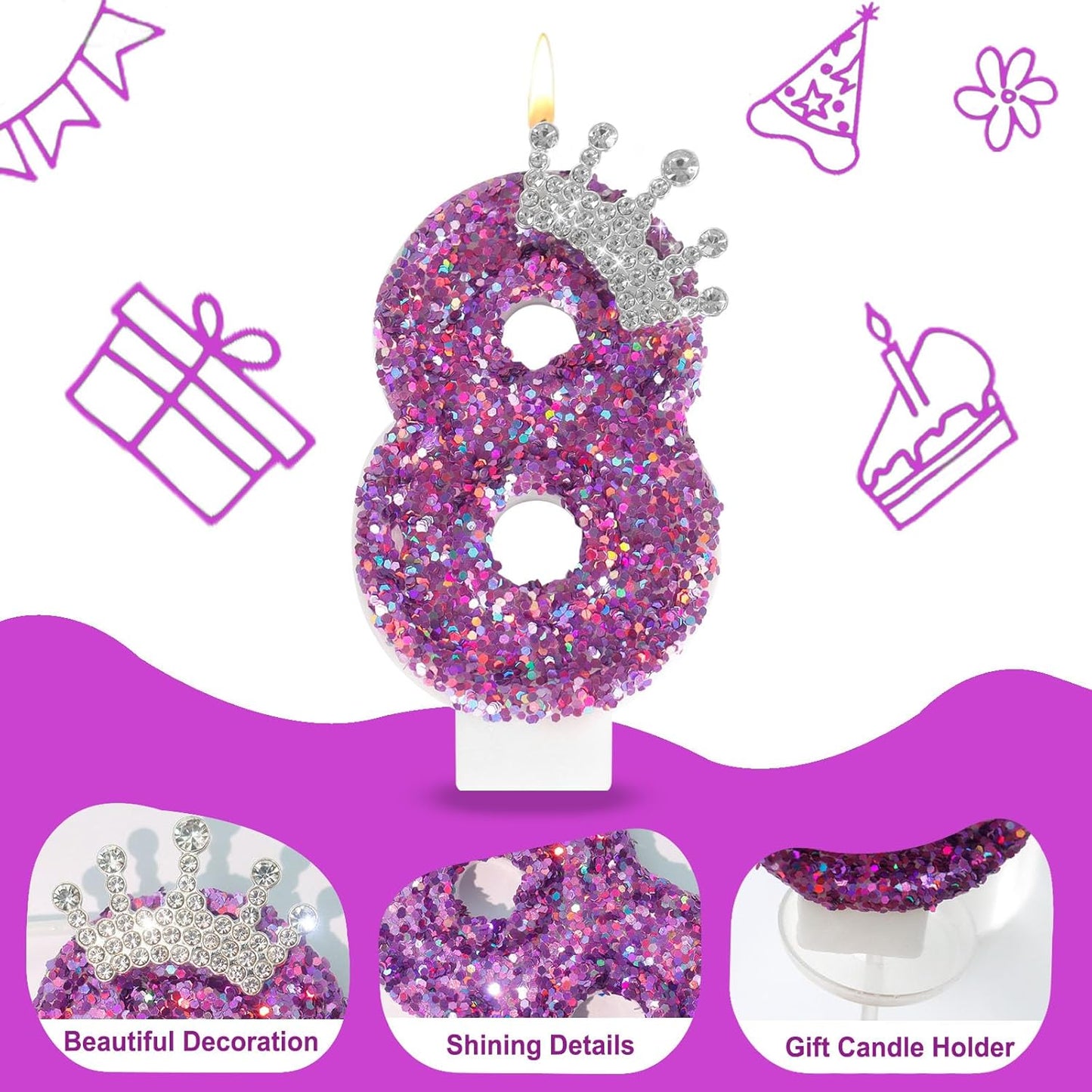 Ceya Number 8 Birthday Candles,Purple Crown Candle for Cake, Sparkling Number Glitter Candle 3.14inch Cake Topper,8st Birthday Decorations for Girl Women Reunions Anniversary Party Supplies