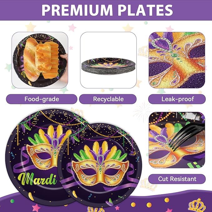 OBUSATT 96Pcs Mardi Gras Party Supplies Mardi Gras Paper Plates Napkins Forks Black Masquerade Mask Dinnerware Disposable New Orleans Party Decorations MardiGrass Tableware Serves 24