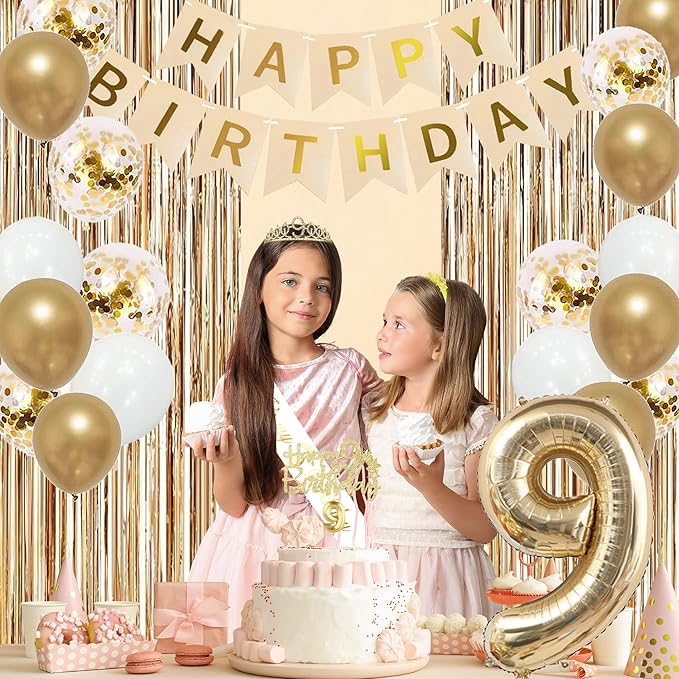 Trgowaul 9th Birthday Decorations for Girls, Banner, Sash and Crown, Cake Topper, 9 Number Balloon, Fringe Curtains, Champagne Gold 9th Birthday Party Supplies