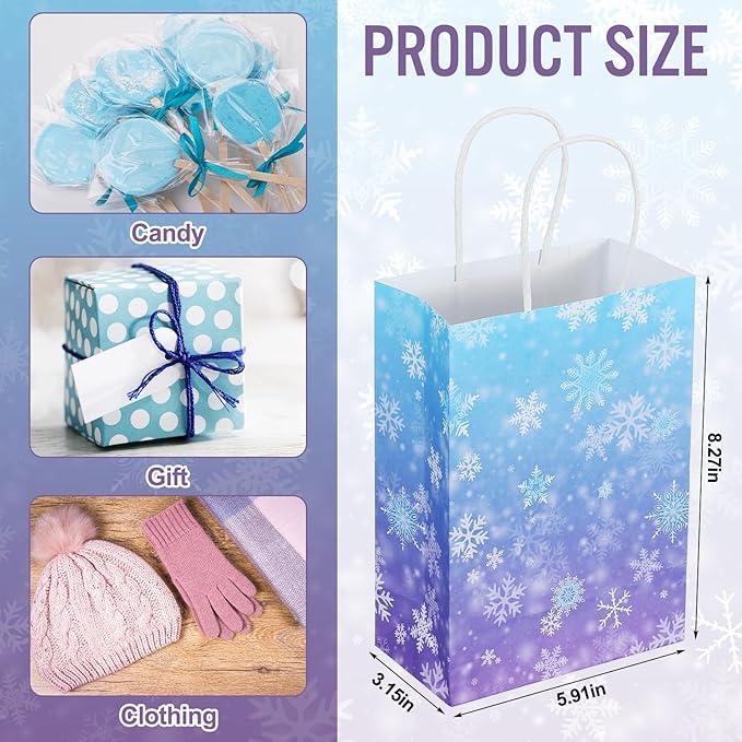 ReliThick 30 Pcs Snowflake Paper Bags Iced Candy Treat Goodie Gift Bags with Handle Blue and Purple Party Favors for Princess Holiday Birthday Wonderland Party Supplies (5.91 x 8.27 x 3.15 inches)