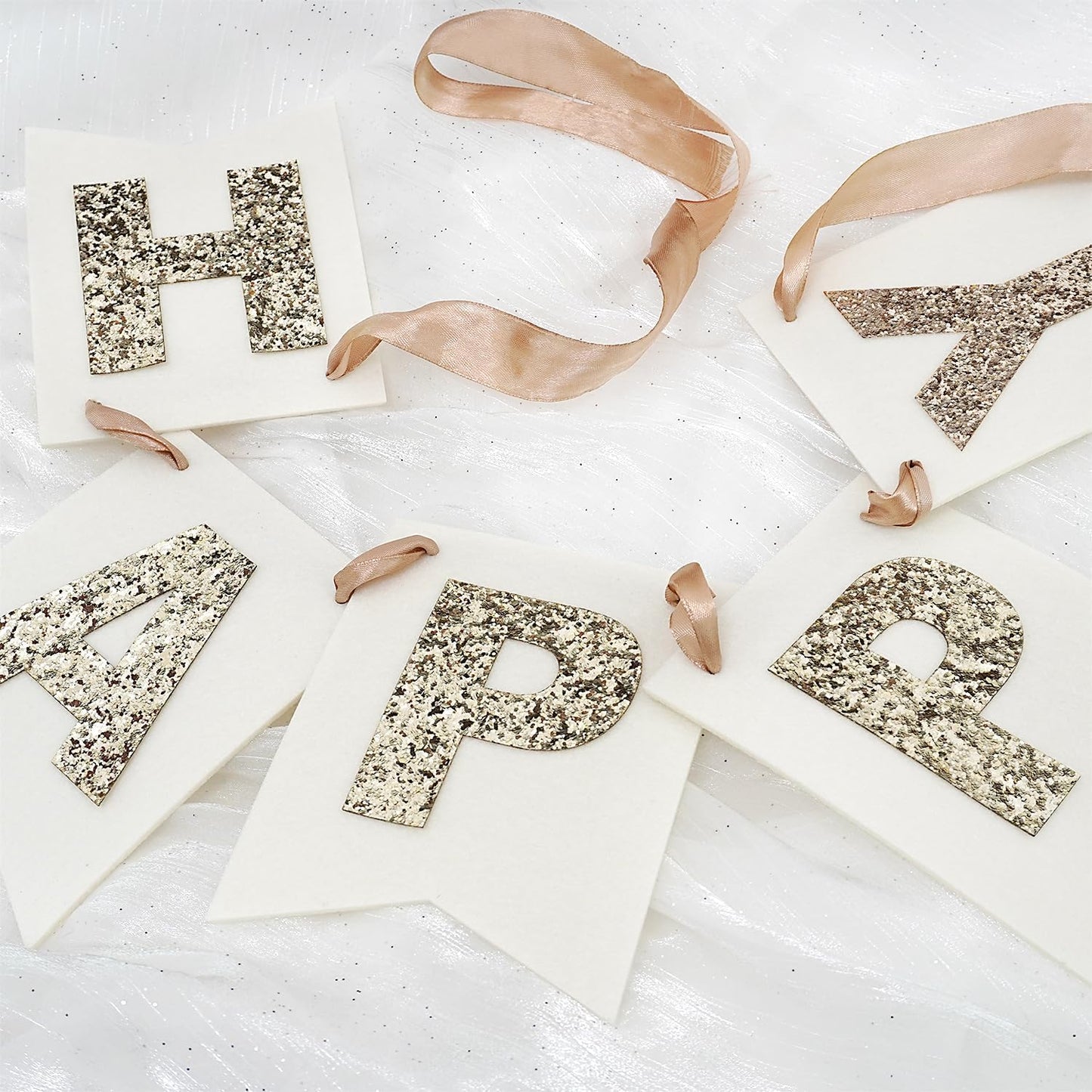 Felt Happy Birthday Banner with Glitter Letters, Cream White Boho Groovy Garland, Reusable Gold Glitter Sign, Thick Felt Bunting Decor for Sweet 16 21st 30 40 50 60 70 Birthday Party