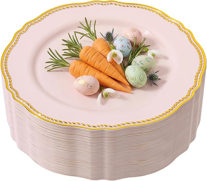 Hioasis 60pcs Pink Plastic Plates - Pink and Gold Disposable Dinnerware with Gold Rim, Heavy-duty, 10.25 inch, Dinner Plates for Party & Easter